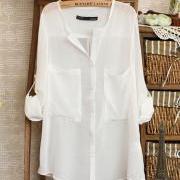 White Simple Wild Spinning Long Sleeve V-Neck Chiffon Shirt