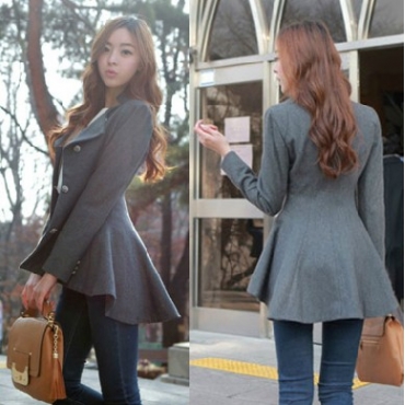 New Style Turndown Collar Long Sleeve Double Breasted Grey Long Wool Coat