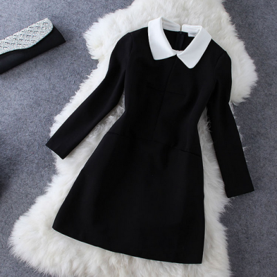 Women's fashion temperament white collar black long sleeved dress doll
