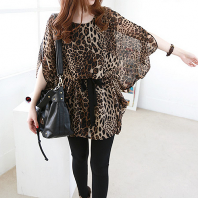 Asym Hem Sheer Leopard Print Button Up Blouse Dress