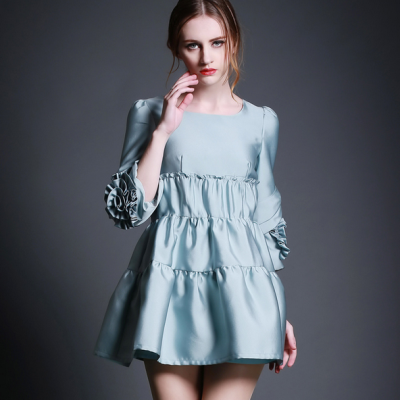 2015 round collar embroider pleated silver dress