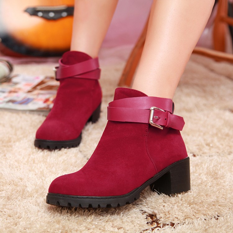 Chunky Heel Buckle Design Red Ankle Boots on Luulla
