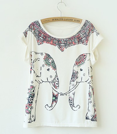 Symmetric Elephant Print Curling Short-Sleeved Cotton T-Shirt on Luulla