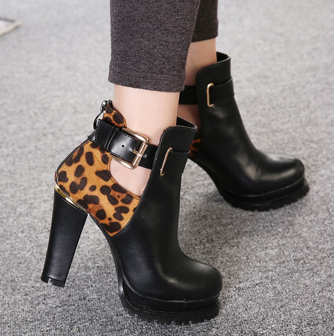 leopard print chunky heel boots