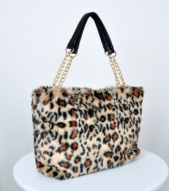 Women Faux Fur Leopard Print Tote Bag