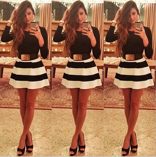 top with black and white striped skirt