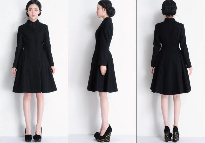Double Breasted Long Swing Black Coat Dress Wool Coat Jacket ...