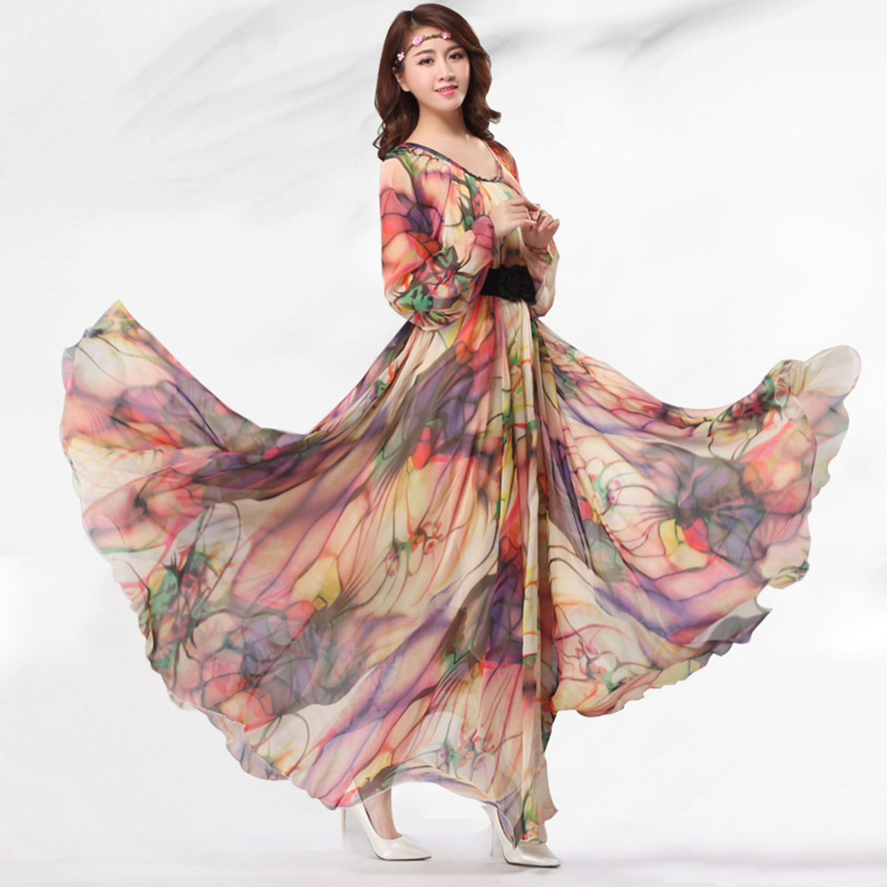 PGM New Women's Fashion Pastel Printed Long Sleeve Summer Maxi Dress Plus Size