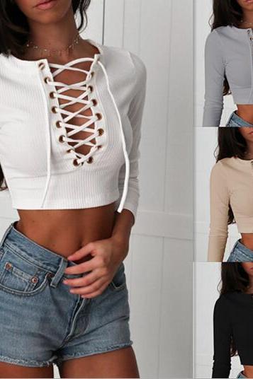 Ribbed Knit Lace-up Plunge V Long Sleeves Crop Top
