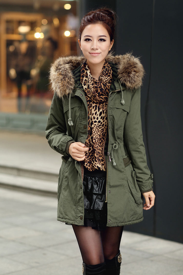Womens Winter Coats Faux Fur Lining Parka With Fur Hood In Green on Luulla