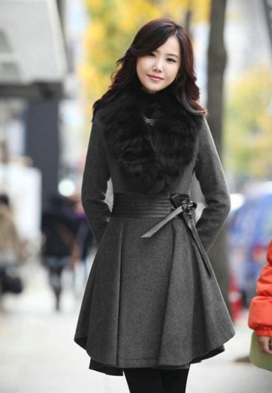 Gray Wool Linen Coat Gray Trench Wool Overcoat Gray Skirted Winter ...