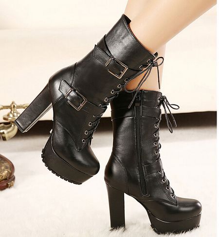 Stylish Black Punk Rock Style Chunky Heel Boots on Luulla
