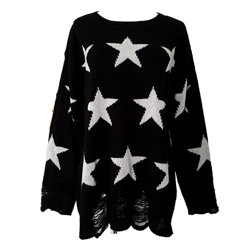 Fashion Loose Fitting Star Print Knit Sweat - Black on Luulla
